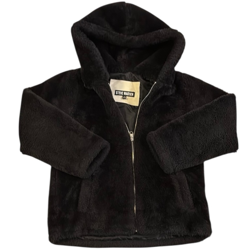 Steve Madden Faux Fur Black Zip Up Jacket Size L (14/16)